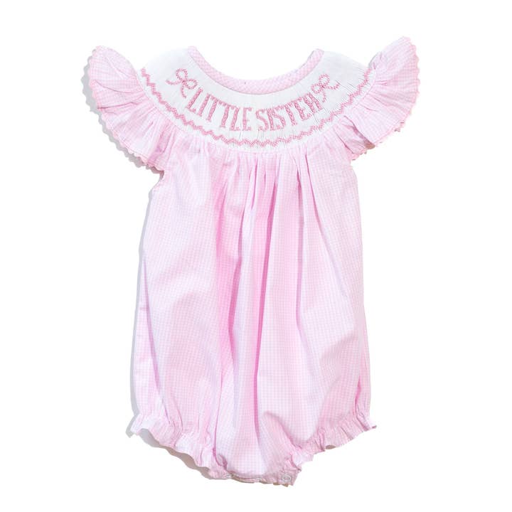 Girls Smocked Little Sister Pink Gingham Bubble for wholesale by Boots & Bows Smocking Co