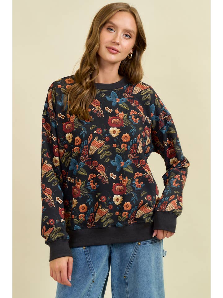 Doe and Rae - Wholesale Sweatshirt - Women's - FLORAL PRINT DROP SHOULDER PULL-OVER TOP - 45256T