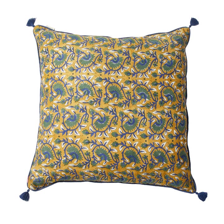 Bonheur du Jour - Wholesale Throw Pillow Cover - Cushion Cover Printed With Indian Flower And Velvet Curry