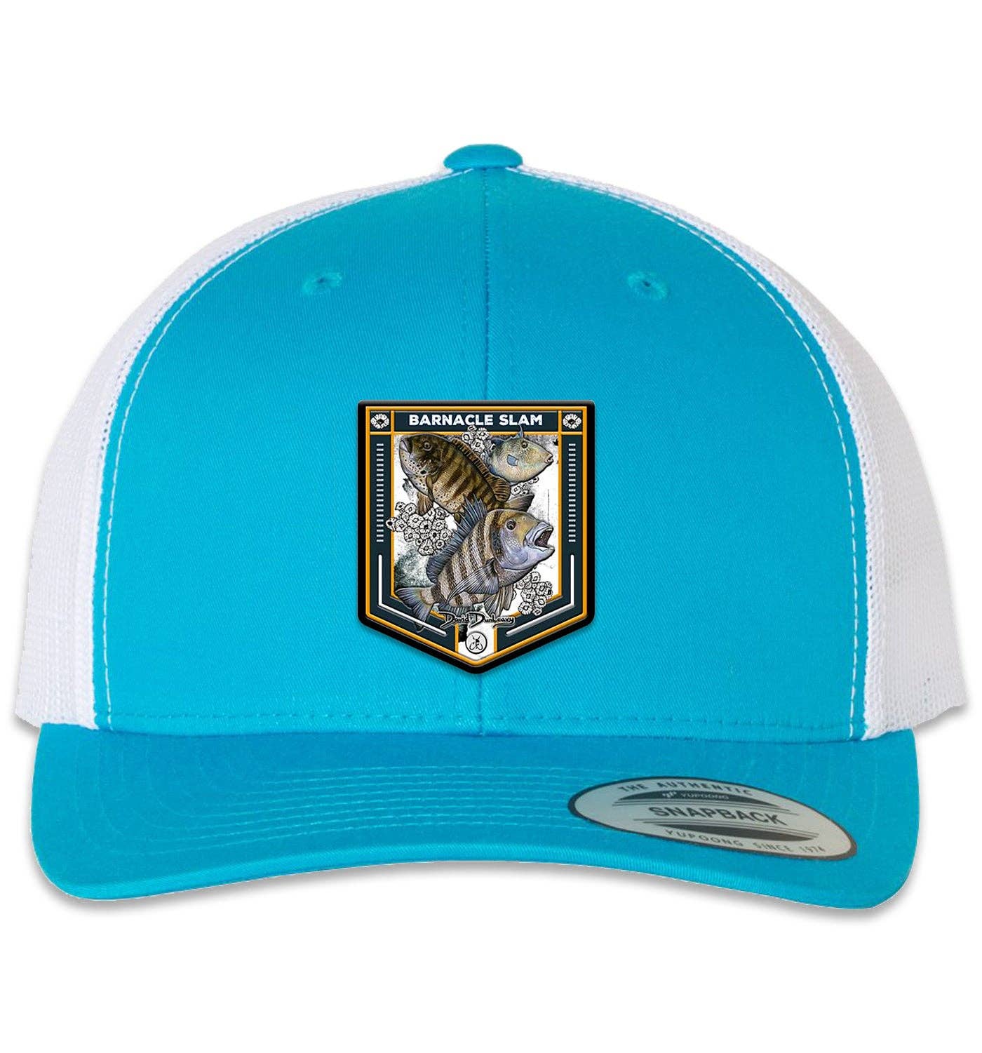 Barnacle Slam 6 Panel Trucker Snap Back Hat Turquoise White for wholesale on Faire