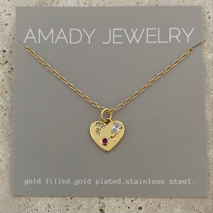 Hjerteformet charme halskæde glas sten 18 k guld fyldt for engroshandel hos Amady Jewelry