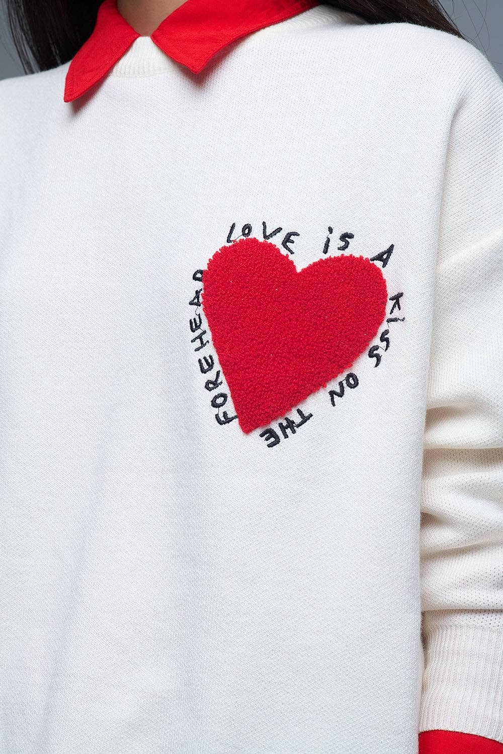 Embroidered Heart knitted Sweatshirt With Text in Cream for wholesale on Faire4