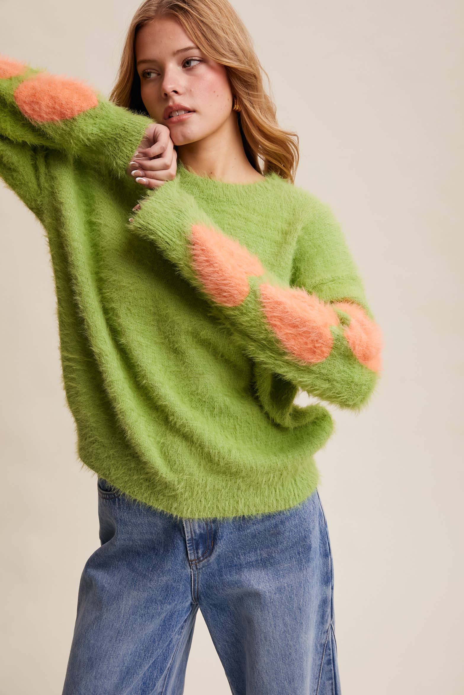 Listicle - Wholesale Knit Sweater - Women's - Fuzzy Heart-Sleeve Pullover Sweater LSW08721