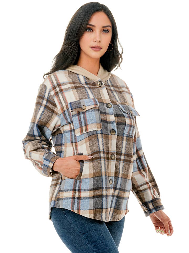 Color 5 – Großhandel Hemdjacke/Shacket – Damen – Blau-weiße karierte Flanellhemd mit Kapuze und Taschen