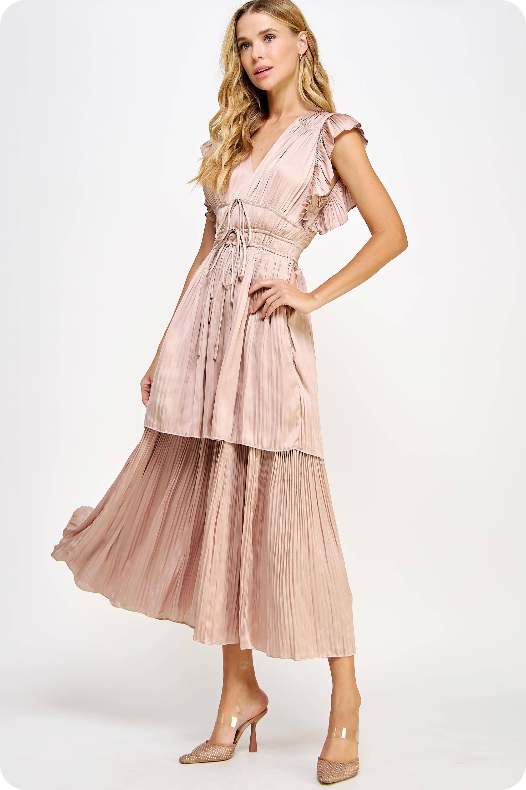 Strut & Bolt – wholesale Dress – Women's – Ruffled Pleated Satin Long Dress1