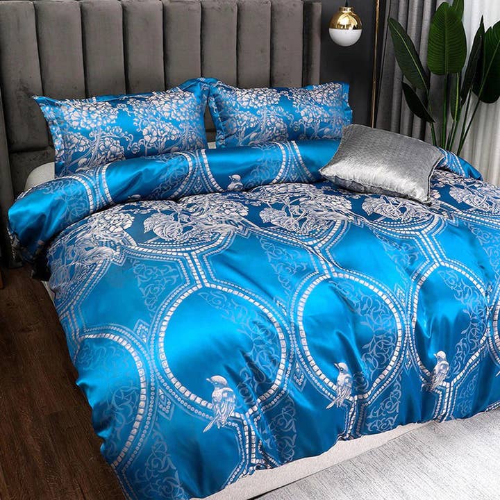 Cerulean blauw beddengoed gemaakt van zijdeachtige jacquardstof, luxe dekbedovertrekset, designer beddengoed, esthetisch dekbed king queen full twin bloemen voor wholesale door daintyduvet