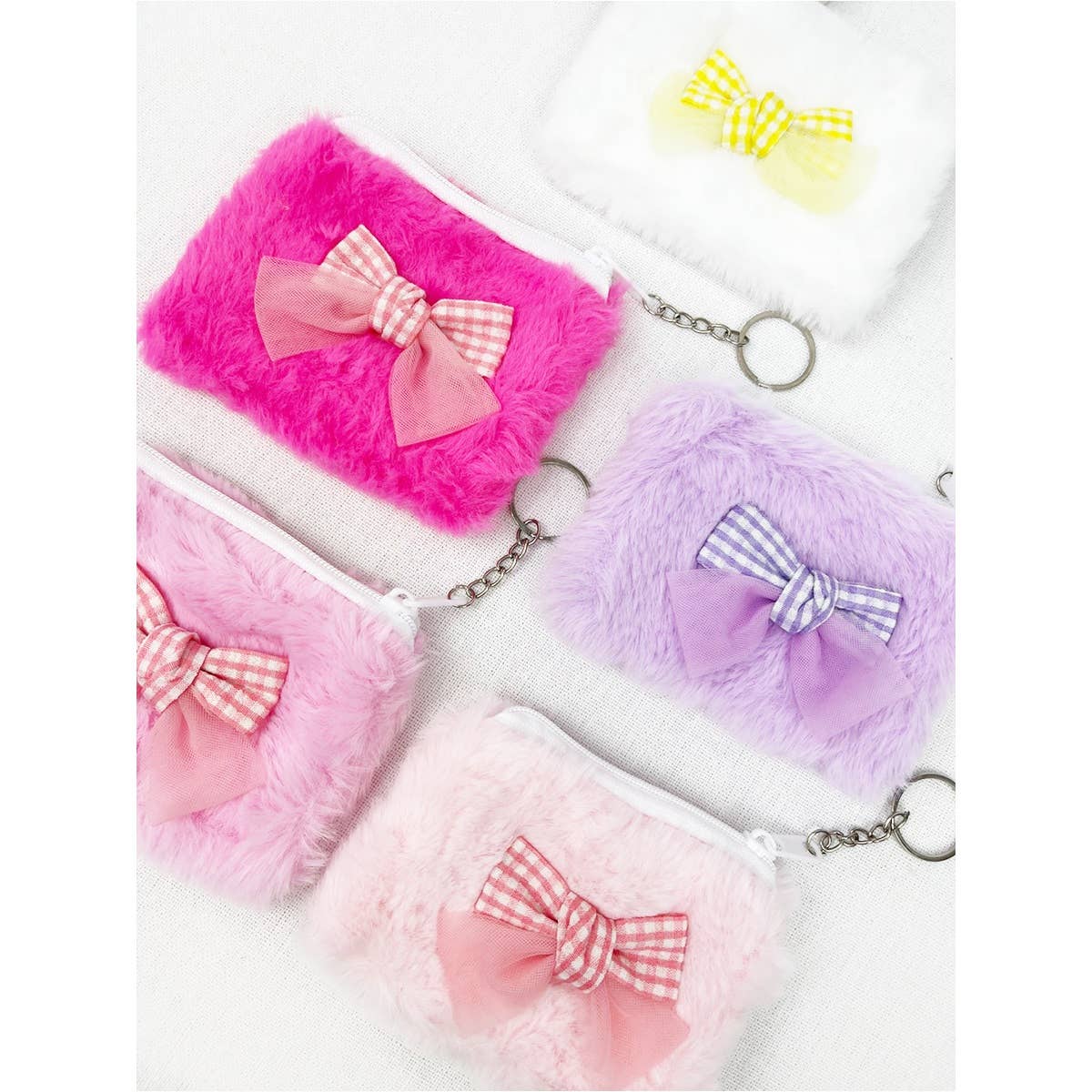 MIX COLOR Faux Fur with Bow Detail Coin Purse with Key Ring for wholesale on Faire3