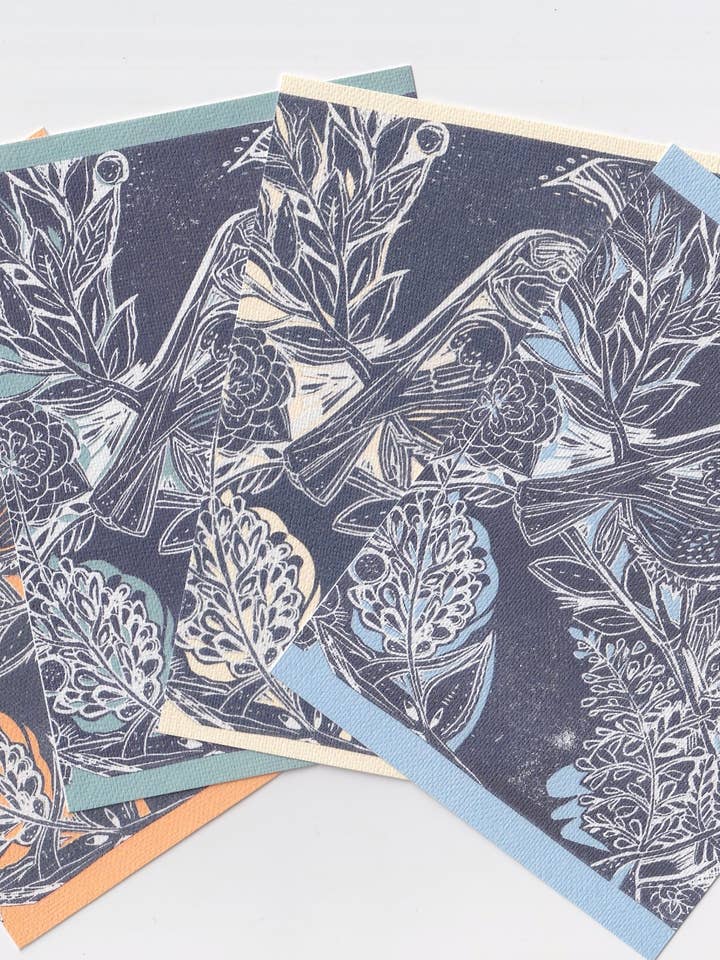 Linocut Bird ansichtkaart set voor wholesale door Jenny Robson Design