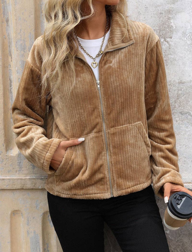 KHAKI Zip-Up Plush Jacket with Pockets for wholesale on Faire0
