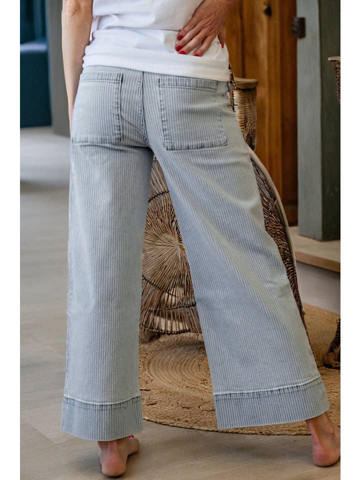 Stripe Denim Button Flap Pocket Cuffed Hem Jeans for wholesale on Faire1