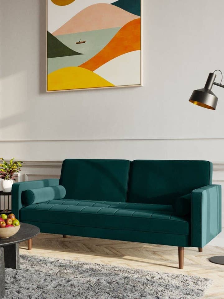 Canapé 2 Places Giulia velours vert forêt, coussins cylindriques pour la vente par Potiron