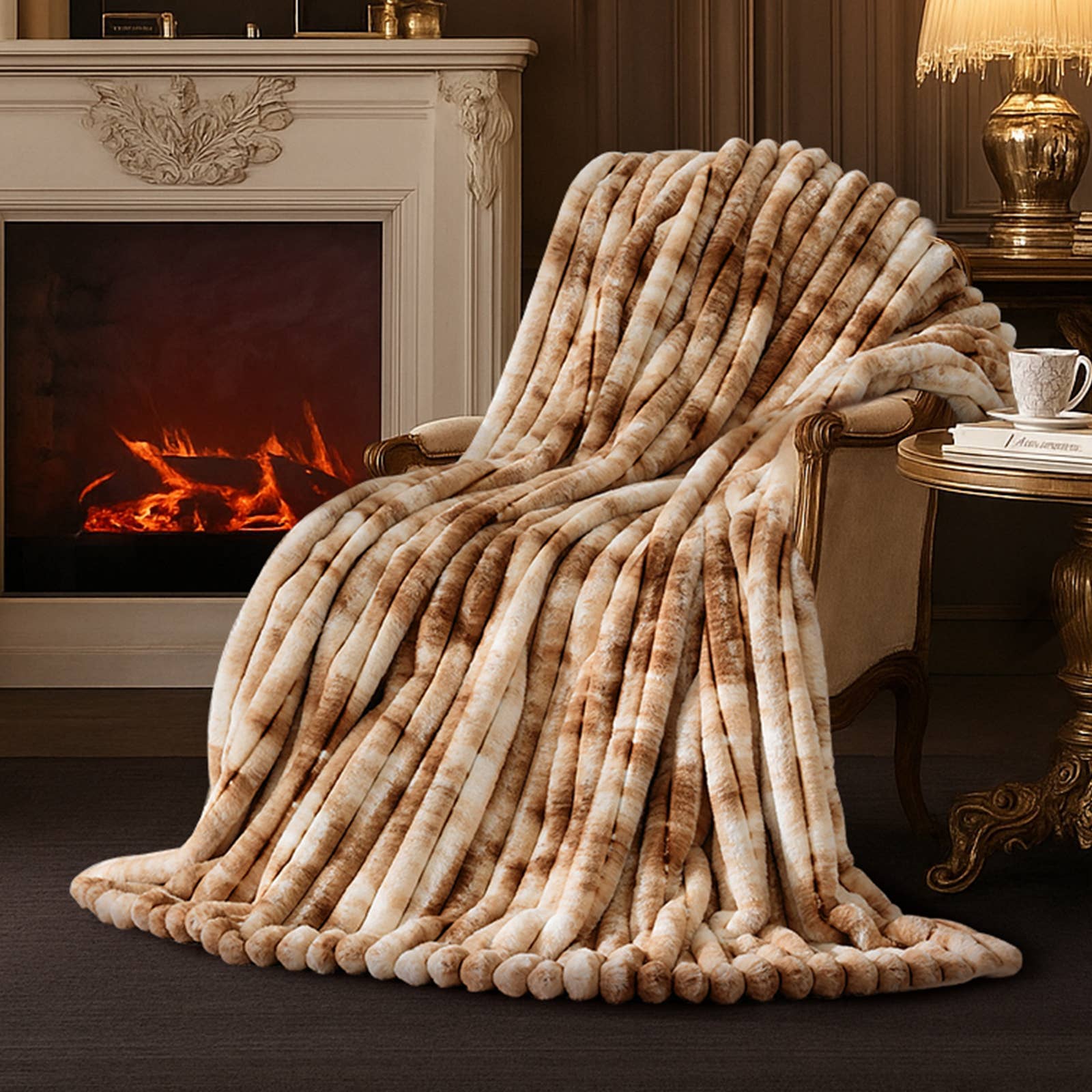 DreamValley - Wholesale Throw Blanket - AH Faux Rabbit Fur Luxurious Striped Throw Blanket 55"x70"6