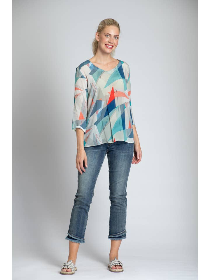 No Color Multi Geo Print - 3/4 Sleeve V-neck Top for wholesale on Faire4