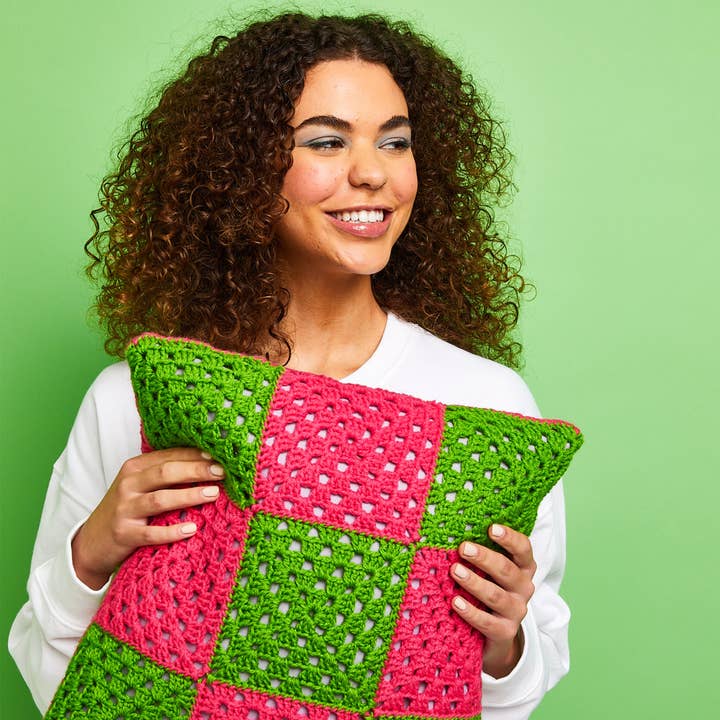 Granny Square Cushion – Sirdar Kith & Kin – Crochet Kit for wholesale by The DMC Group