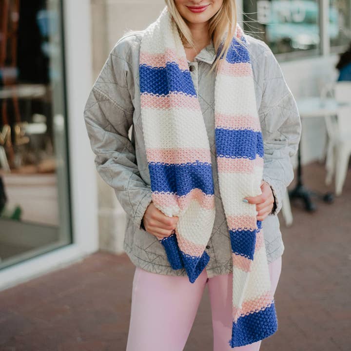 Pink/Blue/Cream Stripes Crochet Scarf for wholesale on Faire