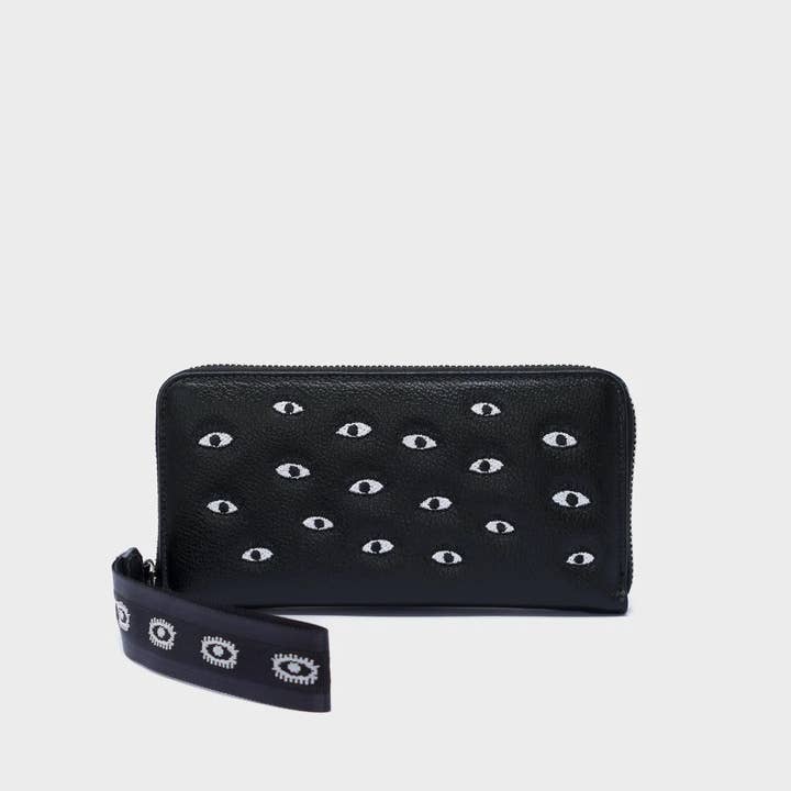 Min & Mon - Wholesale Wallet - Women's - Francis Black Leather Wallet - All Over Eyes Embroidery