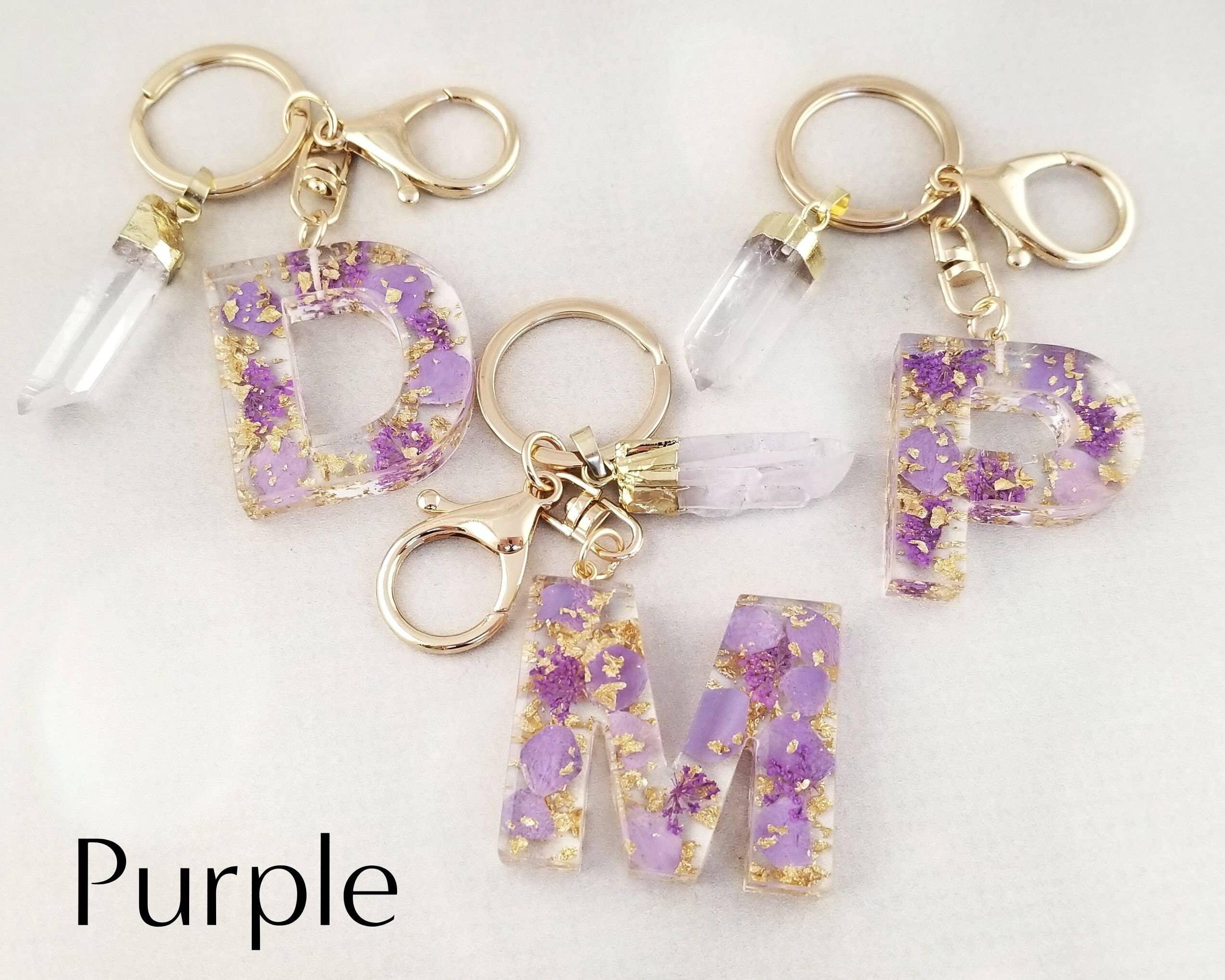 WonderLight Jewelry - Vendita all'ingrosso Portachiavi - Donna - Portachiavi iniziale in resina con fiori secchi - Quarzo trasparente/Clarity12