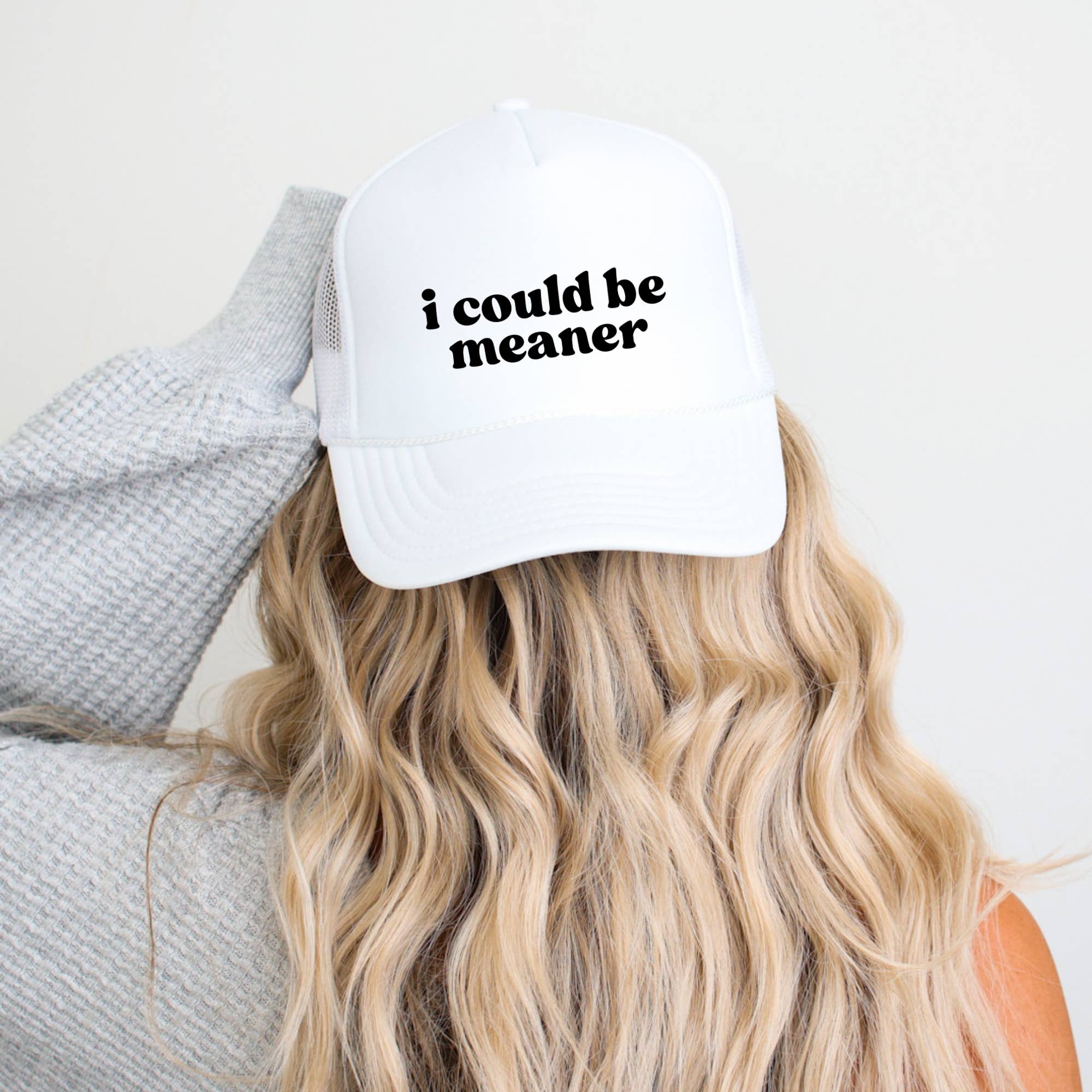The Boho Haus β wholesale Trucker hat β Womenβs β I Could Be Meaner Trucker Hat β White Retro Mesh Cap
