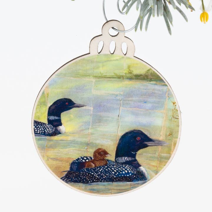 Common Loons Ornament | Christmas Ornament | Bird Ornament | Wooden Ornament | Bird Art | Bird Painting | Gift for Her | Loon Parents Chick for wholesale by Orphan Girl Fine Art