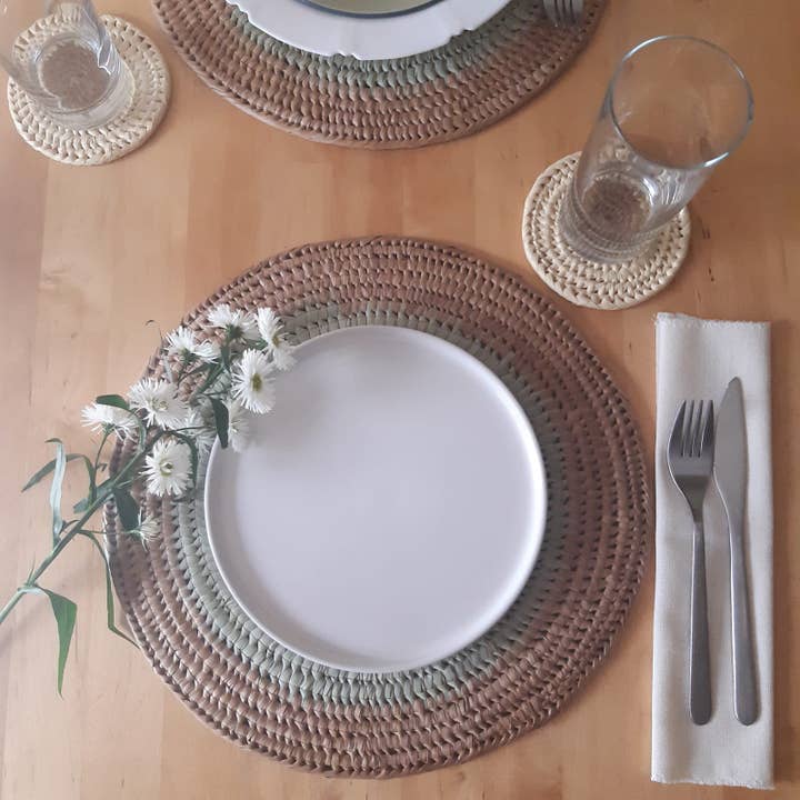 Natural Palm Fiber handwoven Placemat Brown and Green for wholesale by Achiote Guatemalan Goods