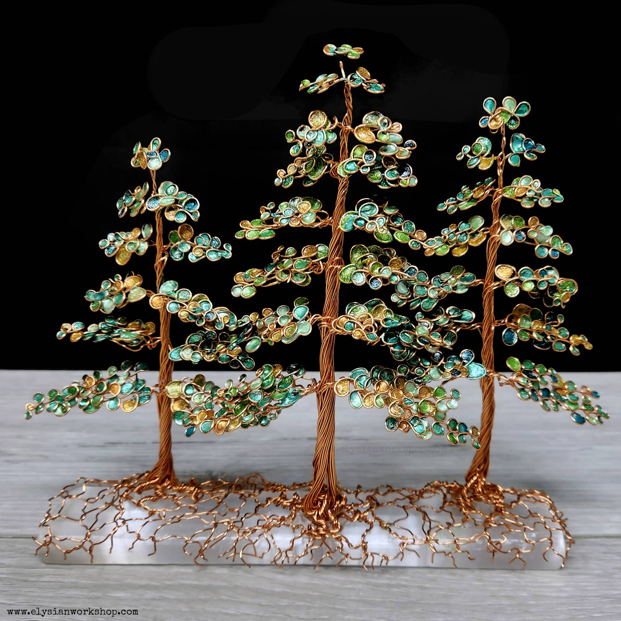 Elysian Workshop - Wholesale Sculpture - Copper Wire Autumn Forest Sculpture on Selenite Crystal