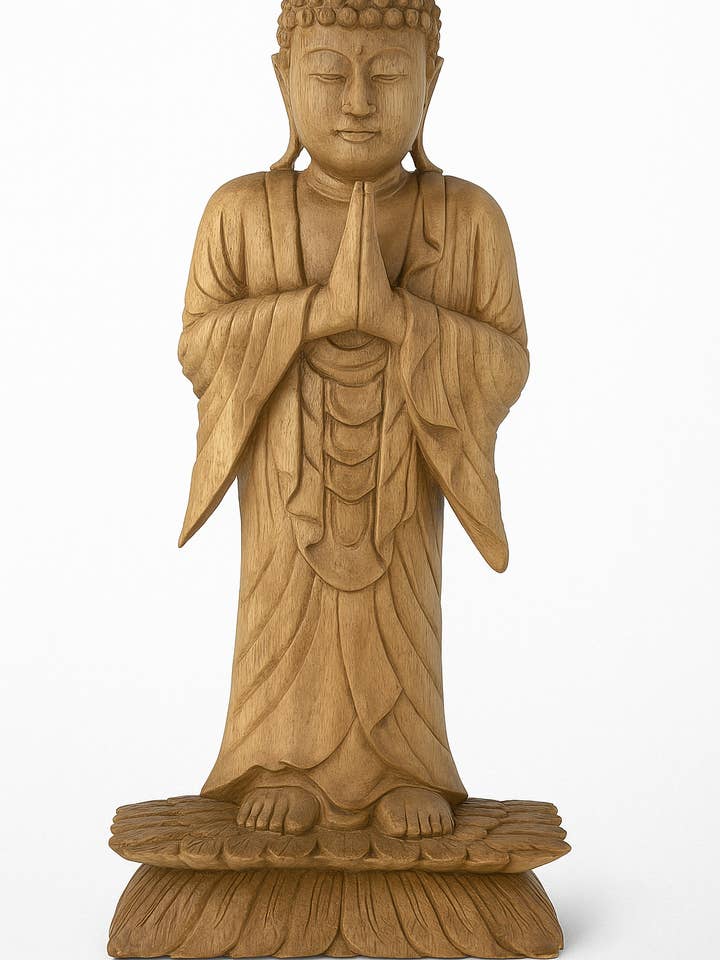 Statue de Bouddha en bois debout en Anjali Mudra – Bois de Suar pour la vente par The Bali Wood Co.