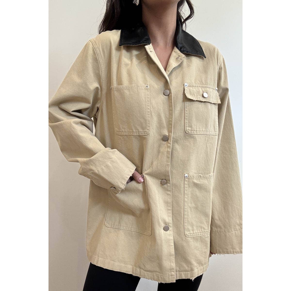 KHAKI Contrast Collar Oversized Workwear Jacket for wholesale on Faire6