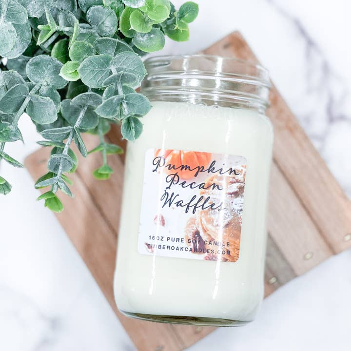 GAUFRE À LA CITROUILLE ET AUX PACANES | Pot Mason 16 oz | AUTOMNE | 100% pur soja pour la vente par Timber Oak Candles