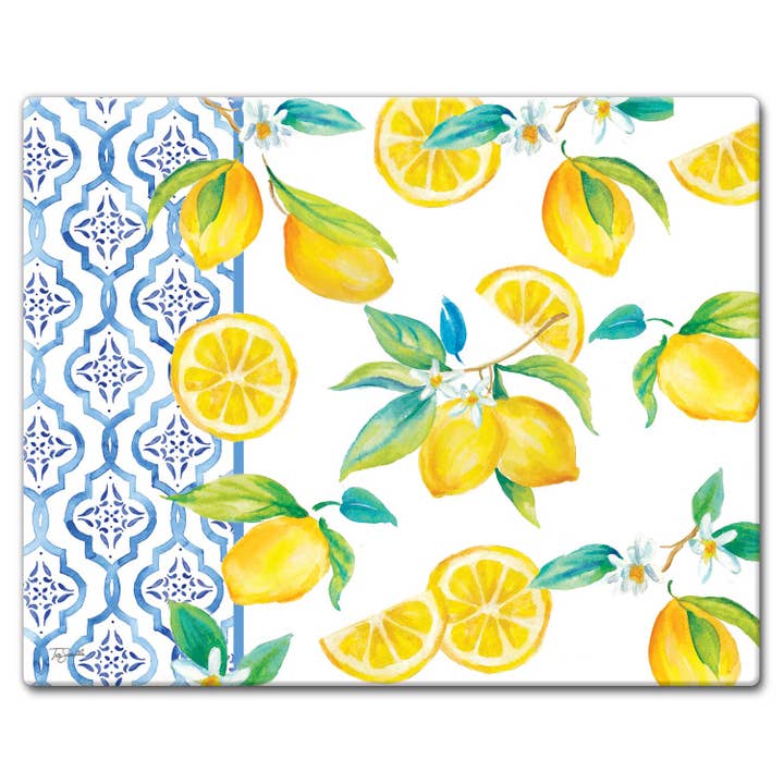 "Lovely Lemons" 3mm Tempered Glass Cutting Board 12" x 15" for wholesale by Conimar Promotions