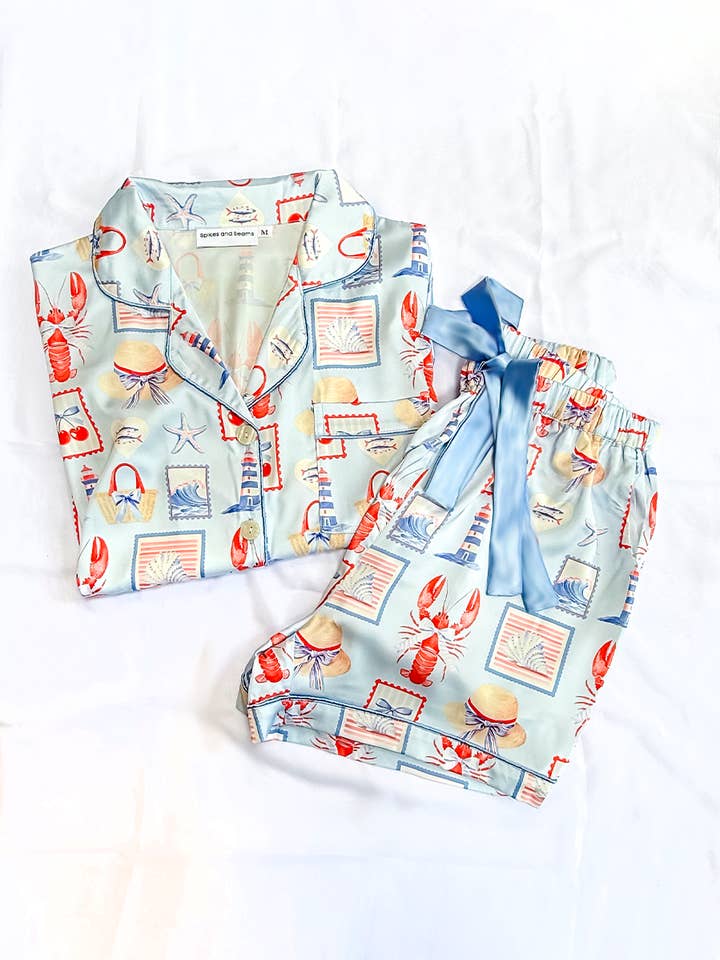Coastal Vacation Satin Pajamas, Fisherman Aesthetic, PJs for wholesale by Spikes and Seams