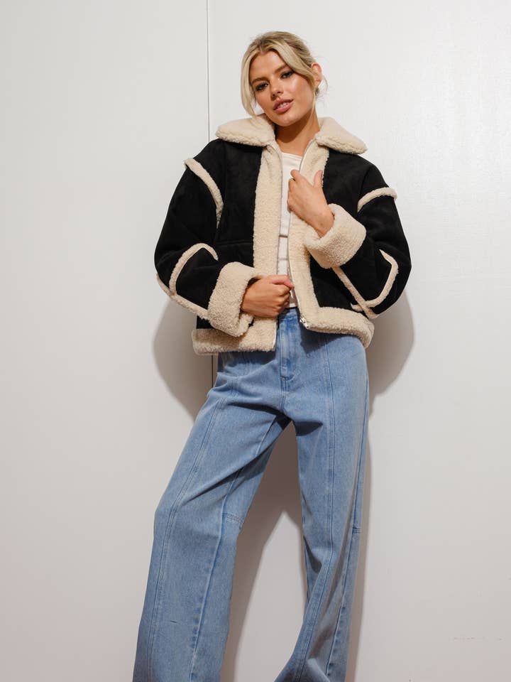 Black SUEDE SHEARLING JACKET for wholesale on Faire
