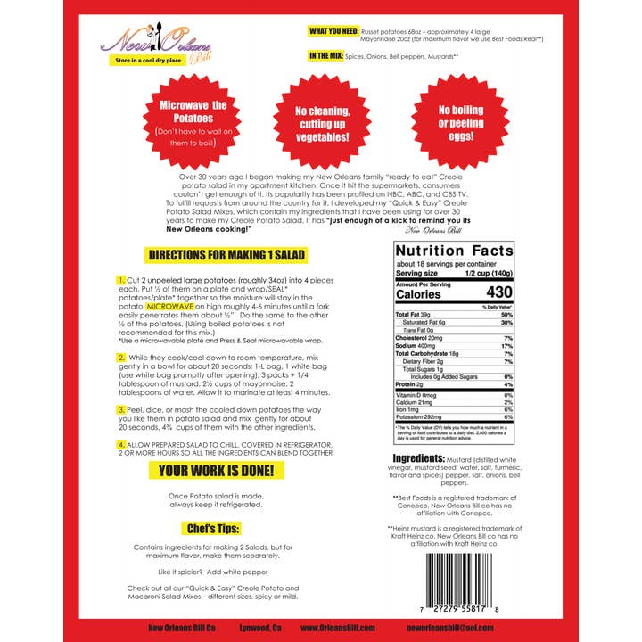 New Orleans Bill Salad Kits - Beyond just Seasoning - Wholesale Dried spice mix - Creole Potato Salad Family size makes 6lbs "Quick & Easy" 2