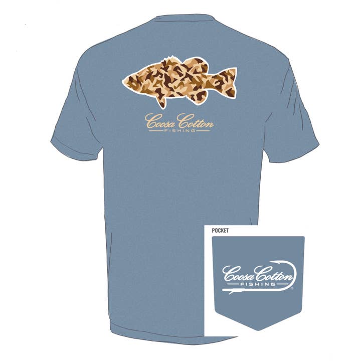 Kortärmad T-shirt med ficka | Duck Camo Bass | Denim för wholesale av Coosa Cotton