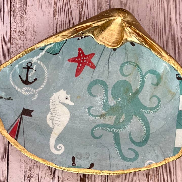 Extra Large Clam Shell Ring Dish with Seahorse & Octopus for wholesale by Zo Pi Designs