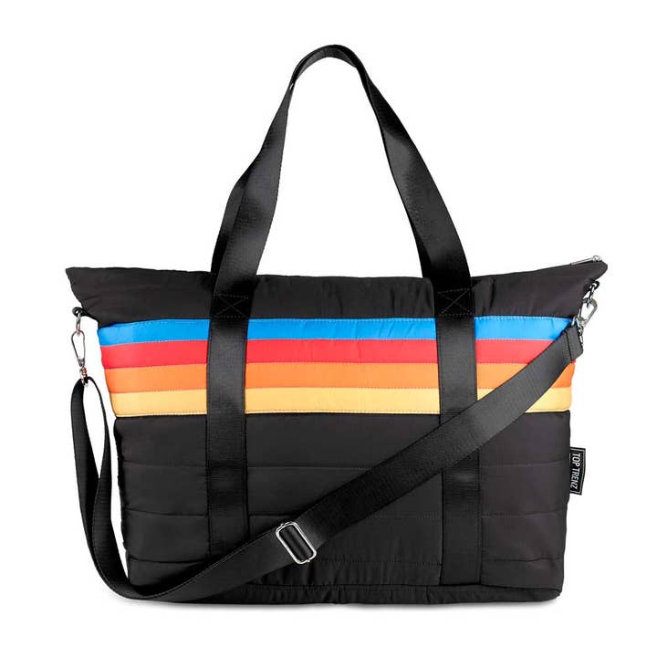 Top Trenz Inc - Wholesale Tote Bag - Women's - Black Puffer Tote Bag Retro Stripe