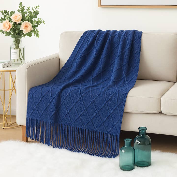 Manta de Punto de Rombo Azul de 50x60 Pulgadas para venta al por mayor de Fennco Styles