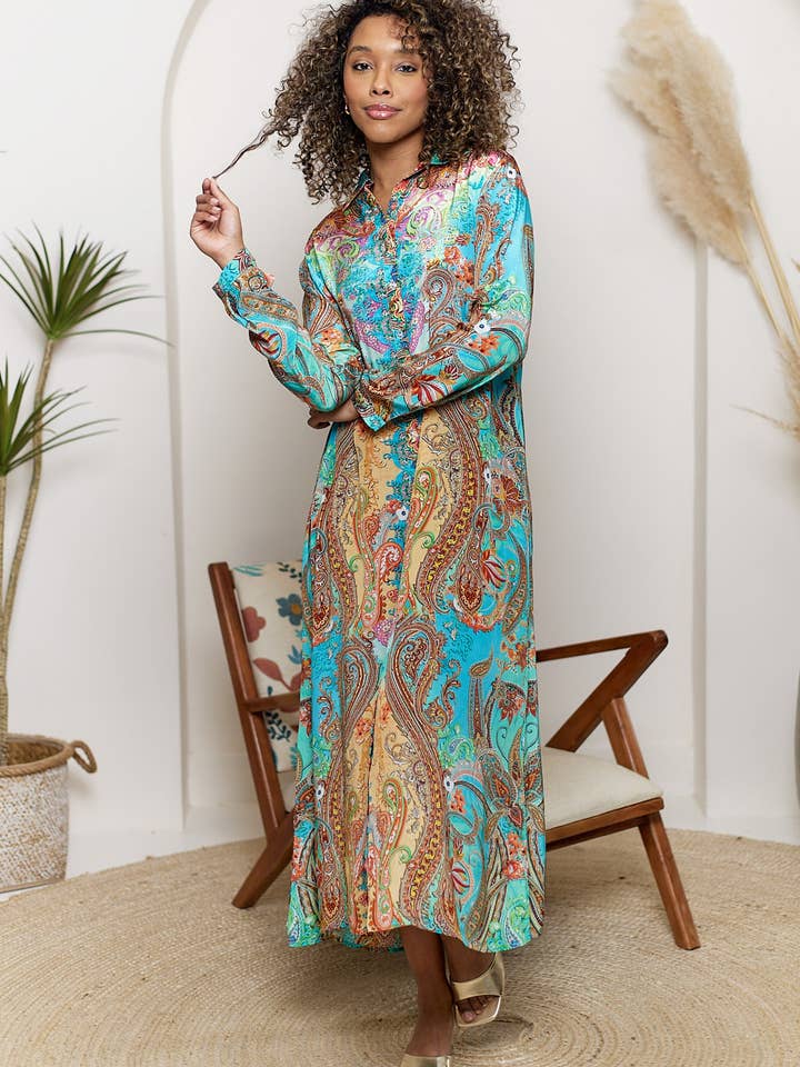 ANGELEYE – wholesale Dress – Women's – Luxurious Viscose Crepe Midi Shirt Dress in Premium Bohemian Orange Print3