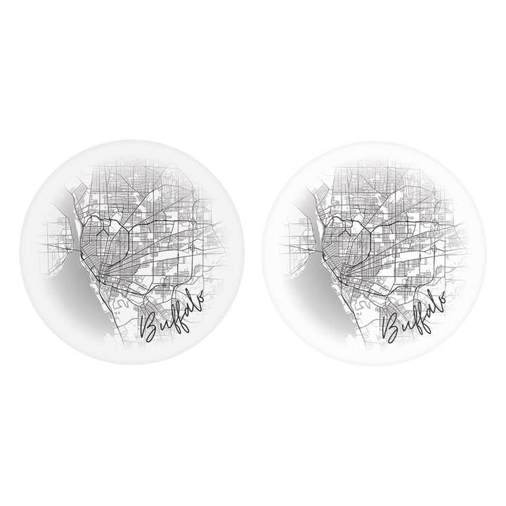 Minimalistic B&W New York Buffalo Faded Circle Map| Absorbent Car Coasters | Set of 2 | Min 4 for wholesale by Love Local