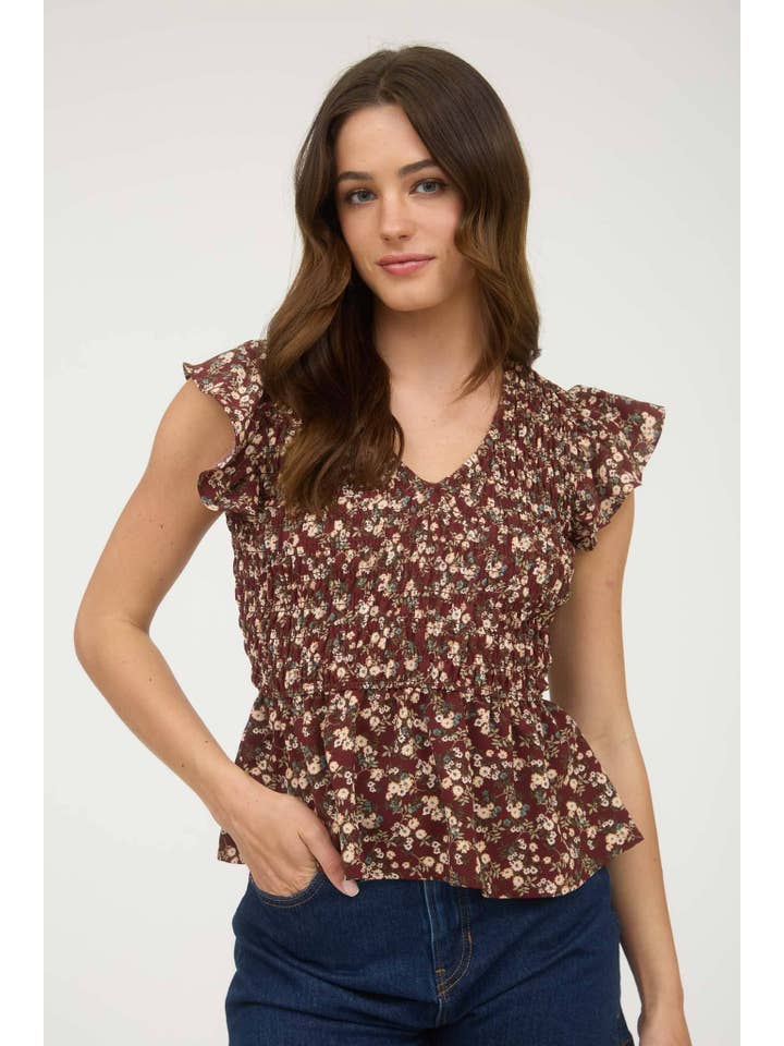 MINE - Wholesale Blouse - Women's - FLORAL SMOCKED V NECK RUFFLE SLEEVE TOP
