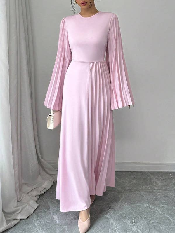 PINK ​Flared Sleeve Pleated Maxi Dress for wholesale on Faire