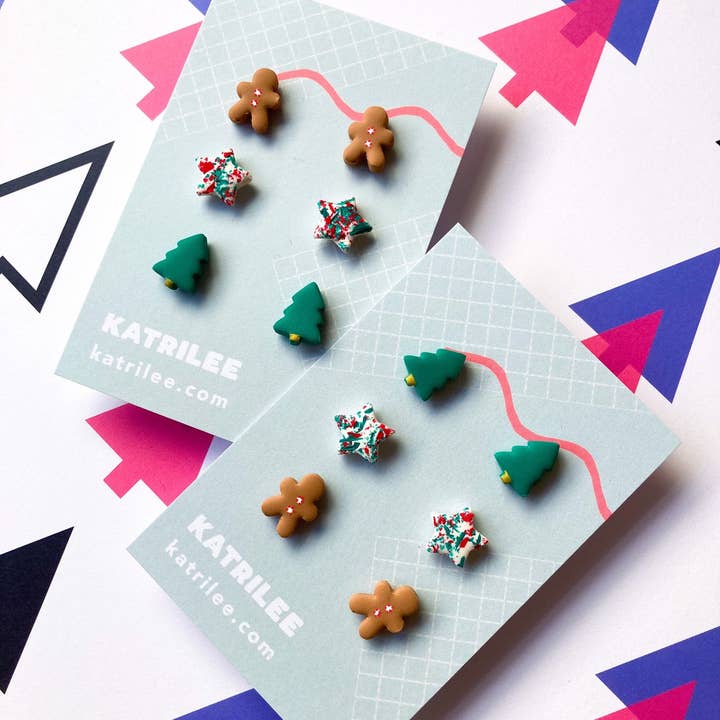 Katrilee – wholesale Stud/post earrings – Christmas Tree Gingerbread Man Polymer Clay Stud Multipack2