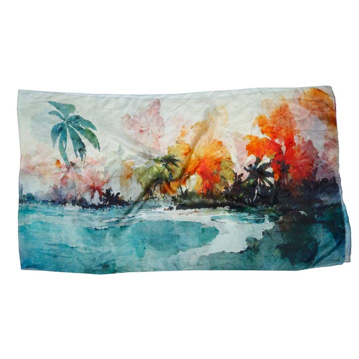 Namaskar Australia - Wholesale Scarf - Women's - Tropical Horizon Floral Landscape Scarf – Pure Silk Designer Wrap | Watercolor Coastal Print3