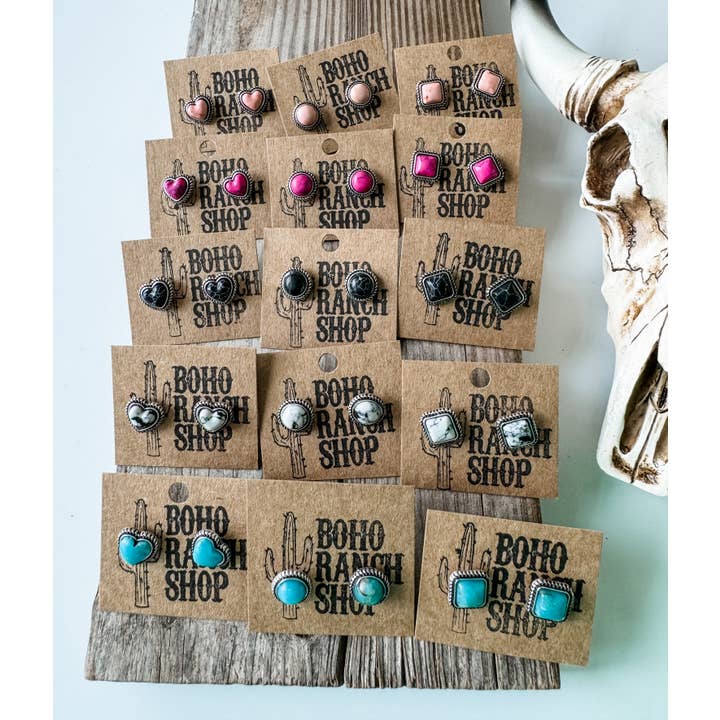Boho Ranch Shop - Wholesale Stud/Post Earrings - Western Mini Stone Stud Earrings - Heart Square Circle Bar