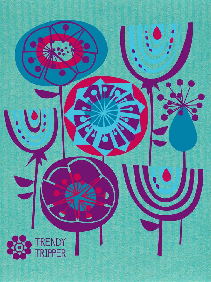 Abstract Flower Pop Swedish Dishcloth Cobalt on Turquoise for wholesale by Trendy Tripper