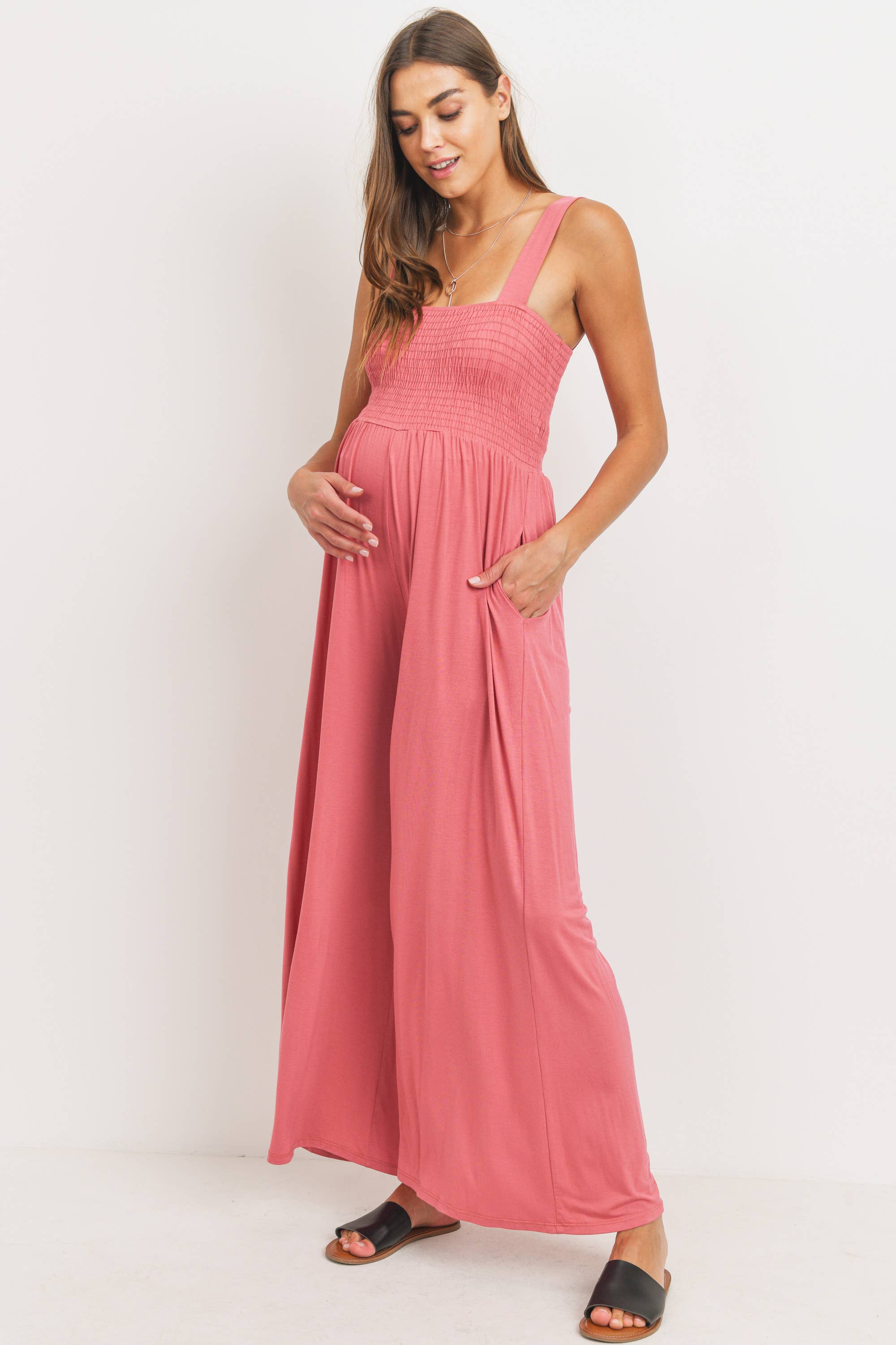 Hello Miz - Wholesale Lounge Romper - Maternity - Sleeveless Smocked Maternity Wide Leg Jumpsuit 4