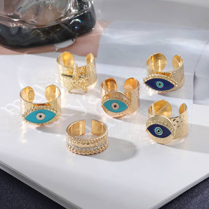 Gemscape UK - Wholesale Cocktail/statement ring - Gold Light Blue Evil Eye Vintage Ring Adjustable Jewelry3