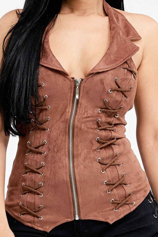 Lydia USA - Wholesale Blouse - Women's - Lace Up Collar Halter Suede Top13