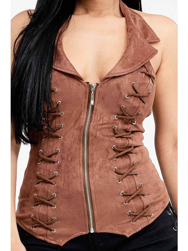 Lydia USA - Wholesale Blouse - Women's - Lace Up Collar Halter Suede Top13