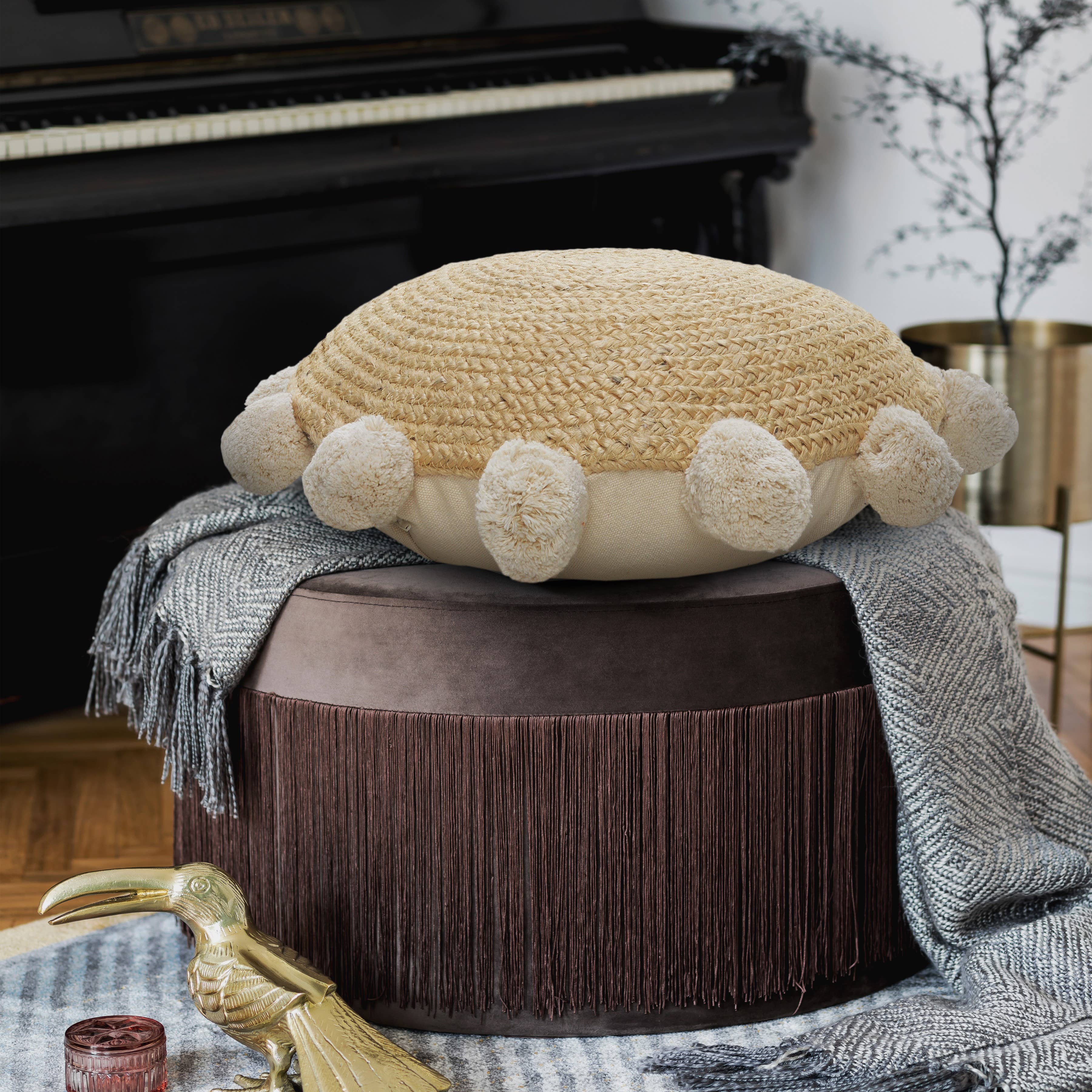 Tan Jute Accent Pillow with Pom-Pom Edging – Square or Round for wholesale on Faire12