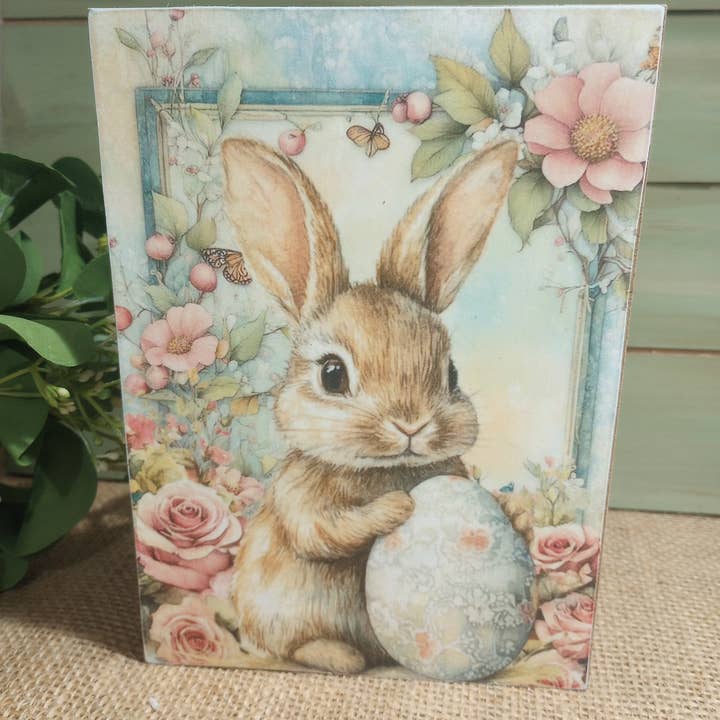 Easter Wood Block Sign - Small - Bunny with Egg B for wholesale by Bluegrass Burlap Co